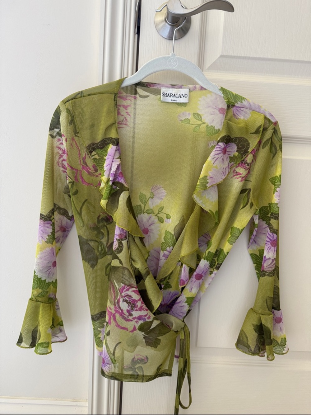 Sharagano Olive & Lavender Floral Wrap Top
